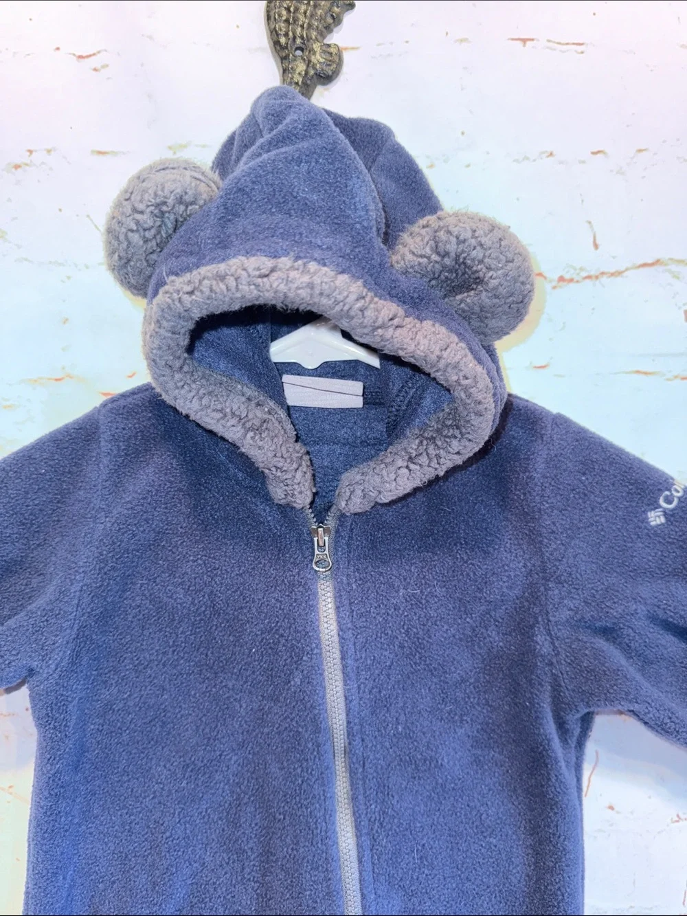 Columbia Dark Navy Fleece Hooded Baby Footie Bear Ears bunting full zip 3 6 mo